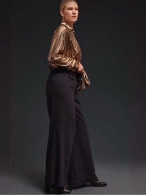 Pilcro Anthropologie High Rise Wide Leg Black Flat Front Chino Trouser Pants 31